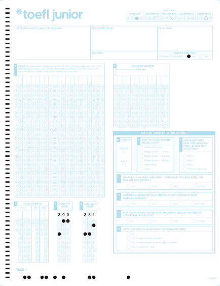 TOEFL Junior® Standard アンサーシート（サンプル）